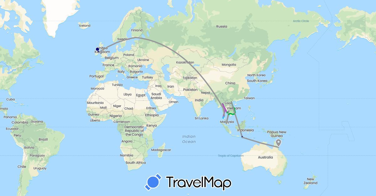 TravelMap itinerary: driving, bus, plane, train, boat in Australia, Finland, United Kingdom, Indonesia, Ireland, Cambodia, Malaysia, Thailand, Vietnam (Asia, Europe, Oceania)
